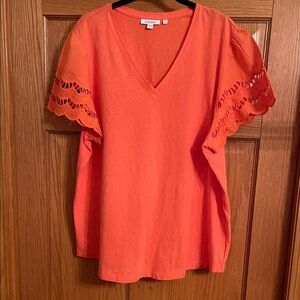 Chico's Vibrant Orange V-Neck Blouse with Lace Sleeves